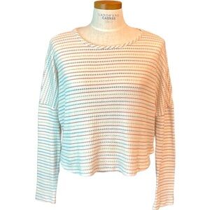 Paper Crane SzM Waffle Knit Drop Shoulder Striped Boxy Round Neck Crop Top